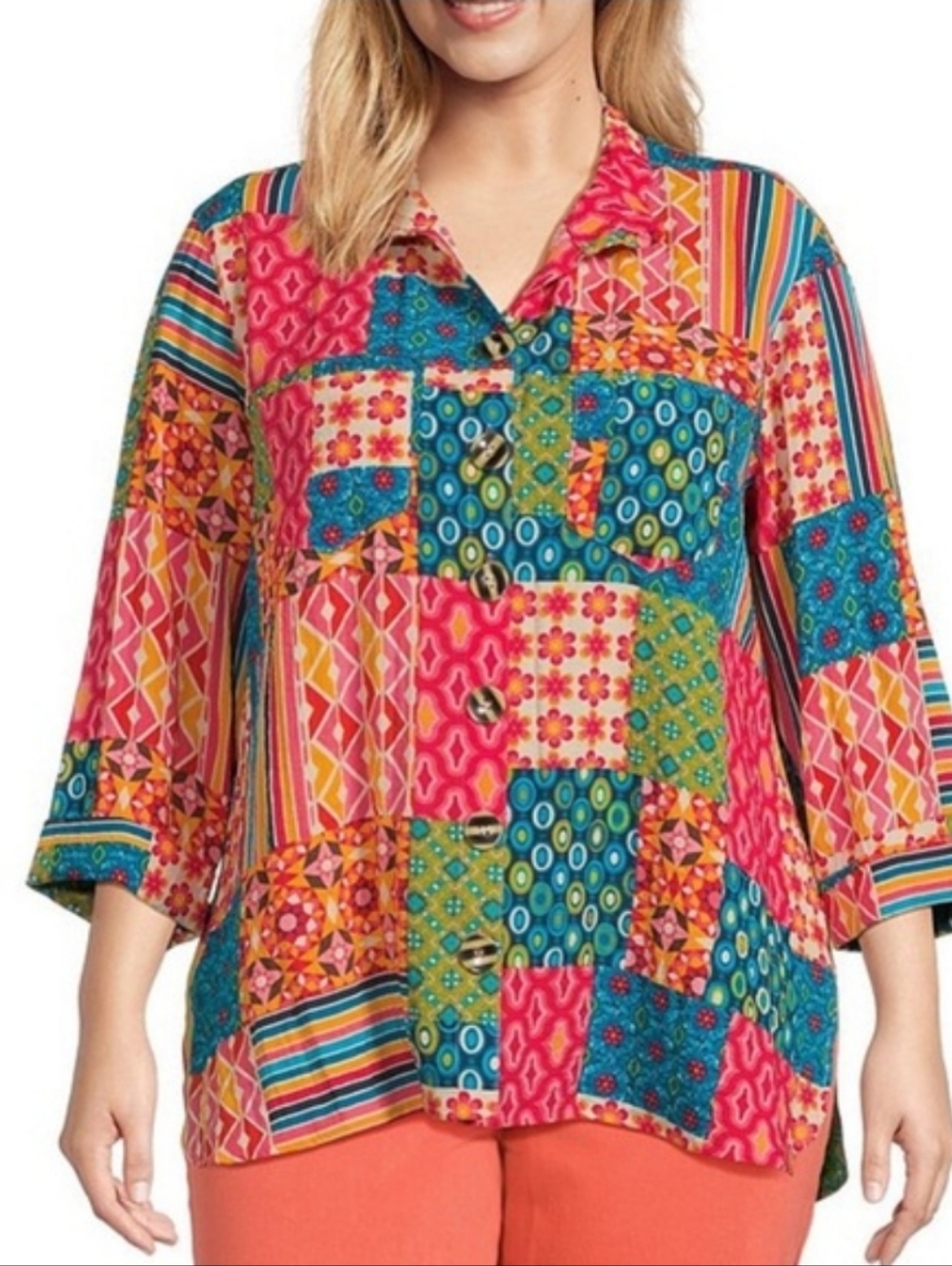 John Mark Retro Print Faux Patchwork Button Front Top, Sz 2X